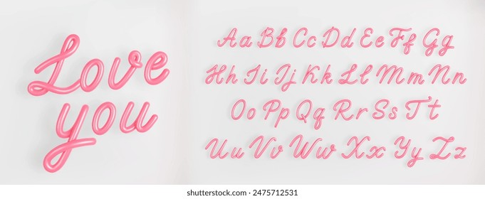 Alfabeto de escritura rosa 3D sobre fondo claro. Cute Cursive Bubble Ilustración vectorial tipográfica.