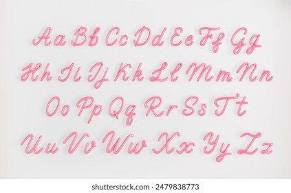 3D Pink Script Alphabet on light background. Cute Cursive Bubble font symbol vector illustration.