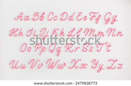 3D Pink Script Alphabet on light background. Cute Cursive Bubble font symbol vector illustration.