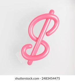 3D Pink Script Dollar Sign on light background. Cute Cursive Bubble typography symbol vector illustration.