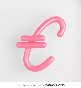3D Pink Script Euro Sign on light background. Cute Cursive Bubble typography symbol vector illustration.