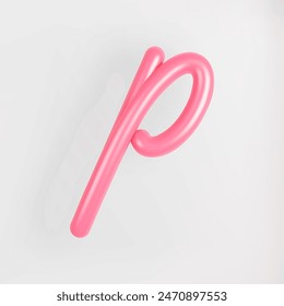 3D Pink Script Lowercase Letter P on light background. Cute Cursive Bubble typography symbol vector illustration.