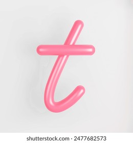 3D Pink Script Lowercase Letter T on light background. Cute Cursive Bubble typography symbol vector illustration.