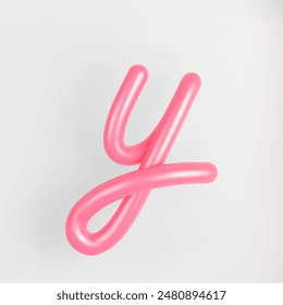 3D Pink Script Lowercase Letter Y on light background. Cute Cursive Bubble typography symbol vector illustration.
