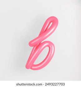 3D Pink Script Lowercase Letter B on light background. Cute Cursive Bubble typography symbol vector illustration.