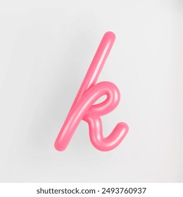 3D Pink Script Lowercase Letter K on light background. Cute Cursive Bubble typography symbol vector illustration.