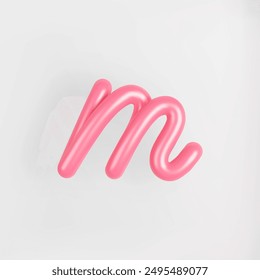 3D Pink Script Lowercase Letter M on light background. Cute Cursive Bubble typography symbol vector illustration.