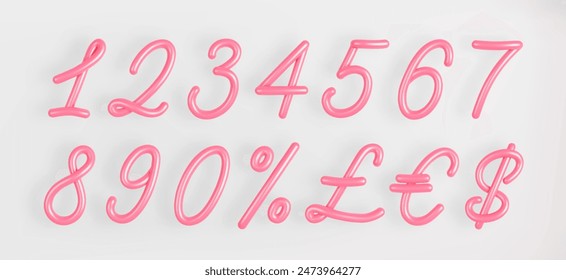 3D Pink Script Number Set 1,2,3,4,5,6,7,8,9,0,Dollar, Pfund, Euro und Prozentzeichen auf hellem Hintergrund.