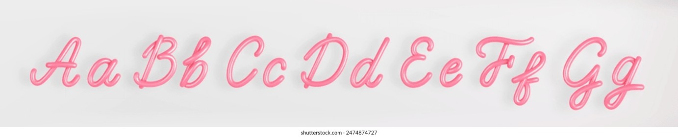 3D Pink Script Set Groß- und Kleinbuchstaben A,B,C,D,E,F,G auf hellem Hintergrund. Niedliche kursive Bubble Typografie Symbol Vektorillustration.