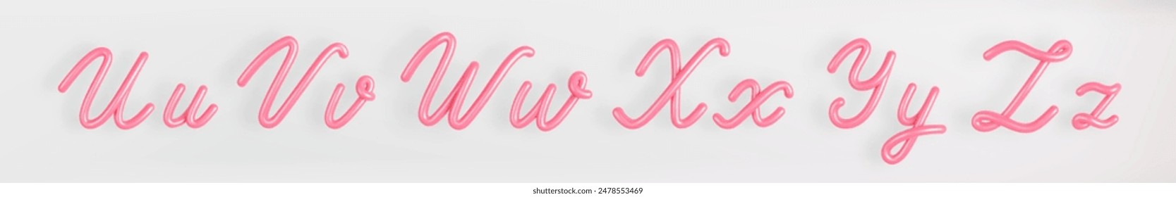 Conjunto de guiones rosas 3D en mayúsculas y minúsculas U,V,W,X,Y,Z sobre fondo claro. Lindo símbolo de tipografía de burbuja cursiva Ilustración vectorial.