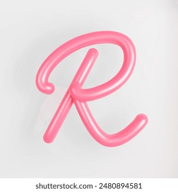 3D Pink Script Uppercase Letter R on light background. Cute Cursive Bubble typography symbol vector illustration.