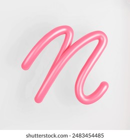 3D Pink Script Uppercase Letter N on light background. Cute Cursive Bubble typography symbol vector illustration.