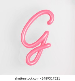 3D Pink Script Uppercase Letter G on light background. Cute Cursive Bubble typography symbol vector illustration.