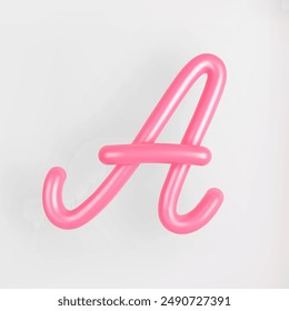 3D Pink Script Uppercase Letter A on light background. Cute Cursive Bubble typography symbol vector illustration.