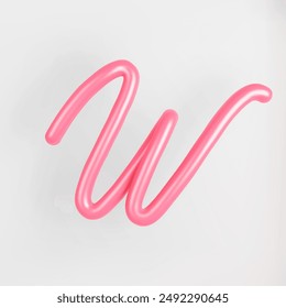Letra mayúscula W con guión rosa 3D sobre fondo claro. Lindo símbolo de tipografía de burbuja cursiva Ilustración vectorial.