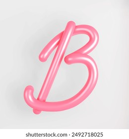 3D Pink Script Uppercase Letter B on light background. Cute Cursive Bubble typography symbol vector illustration.