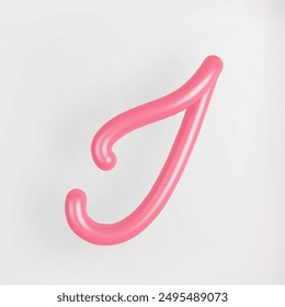 Letra mayúscula J con guión rosa 3D sobre fondo claro. Lindo símbolo de tipografía de burbuja cursiva Ilustración vectorial.