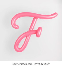 3D Pink Script Uppercase Letter F on light background. Cute Cursive Bubble typography symbol vector illustration.