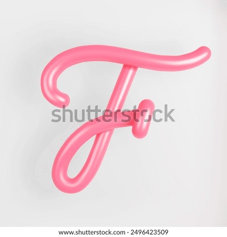3D Pink Script Uppercase Letter F on light background. Cute Cursive Bubble typography symbol vector illustration.