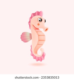 3 d Criatura Acuática Tropical De Caballo De Mar Rosa Aislada En Fondo Blanco. Ilustración vectorial de Mascot Seahorse