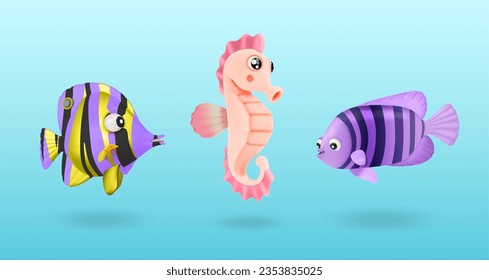 3d Caballo de Mar Rosa y Pescado Set de Caricatura estilo Creatura Acuática Tropical Subacuática. Ilustración vectorial de los Rockfish de mascota