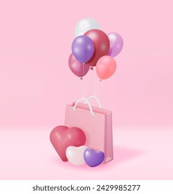 Bolso de compras rosa 3D con corazones de globo. Bolso de regalo con mango y corazones. Día de San Valentín, tarjeta de cumpleaños, anuncio de presentación de exhibición de productos. Ilustración vectorial realista