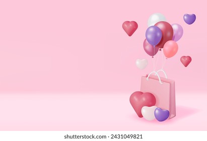 3D Pink Shopping Bag with Balloon Hearts. Render Gift Handbag with Handle and Hearts. Valentine Day, Birthday Card, Product Display Presentation Advertisement. Realistic Vector Illustration