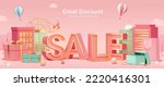 3D Pink shopping banner with city buildings and gift boxes and sale text on the ground