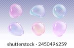 3d pink soap ball. Realistic rainbow water bubble on transparent background. Abstract iridescent liquid sphere isolated. Magic laundry orb with light reflection. Round cleaning soapy blob element