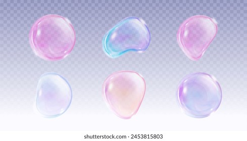 3d pink soap ball. Realistic rainbow water bubble on transparent background. Abstract iridescent liquid sphere isolated. Magic laundry orb with light reflection. Round cleaning soapy blob element