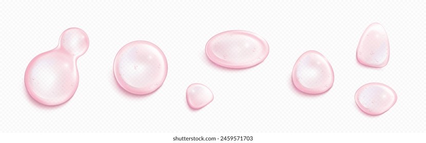 3d pink soap bubble. Collagen water ball vector. Isolated transparent liquid jelly circle droplet with oil texture. Round clear strawberry serum swatch for girl skin. Hyaluron cosmetic essence orb