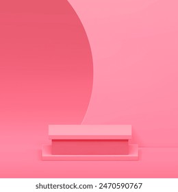 pedestal de podio cuadrado rosa 3d con fondo de pared curvado para mostrar Ilustración vectorial realista. Elegante exhibición femenina de moda soporte comercial belleza producto cosmético compras venta publicidad