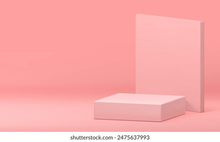 3d pink squared podium pedestal mock up for cosmetic product show presentation realistic vector illustration. Elegant feminine geometric showcase with wall background for beauty shopping sale