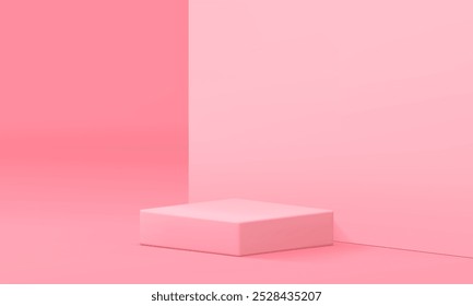 3d rosa quadrada podium pedestal mockup para produto cosmético de beleza mostrar ilustração vetor realista. Elegante pastel feminino geométrica vitrine display com parede fundo showroom espaço interior