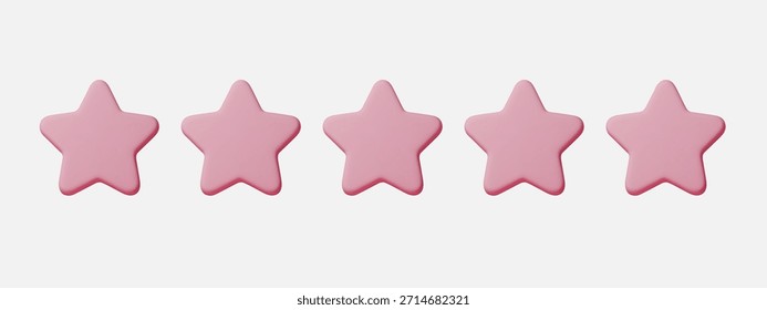 Conjunto de iconos de estrella rosa 3D aislado sobre fondo blanco para conceptos de calificación y revisión. Los símbolos de estrellas rosas muestran cinco estrellas, calidad y Comentarios para App, servicios y Diseño web