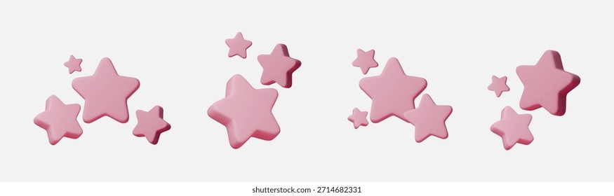 Conjunto de iconos de estrella rosa 3D aislado sobre fondo blanco para calificación y revisión de diseño. Los símbolos de estrellas rosas expresan una calificación de cinco estrellas, calidad, recompensa y satisfacción Cliente para los App, la interfaz de usuario y las interfaces de Web.