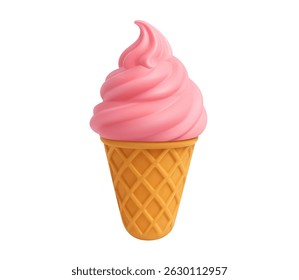3D pink strawberry soft serve ice cream in a waffle cone on a white background. Design elements. Summer holiday, Time to travel concept. 3d rendering. Vector illustration