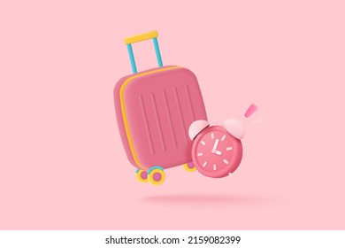 maletas 3d rosadas, bolso de equipaje, equipaje de mano y reloj despertador. Tiempo de espera de negocios para viajar con el concepto de caricatura, planificación de vacaciones, viajes de vacaciones. 3d ilustración de representación de vector de maleta mínima