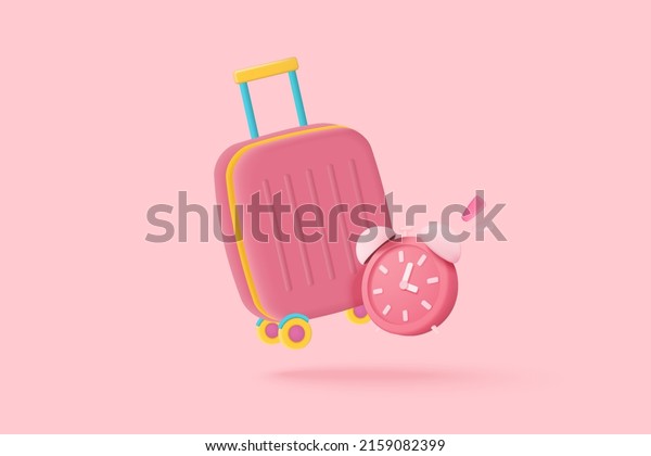 3d pink suitcases, luggage bag, cabin\
baggage and alarm clock. Business wait time to travel with cartoon\
concept, vacation planning, travel in holiday. 3d minimal suitcase\
vector render illustration