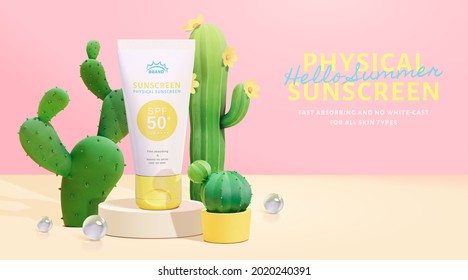 3d pink sunscreen ad template. Tube mock-up on round stage with cactus decoration. Suitable for summer cosmetic promotion.