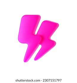 3d pink thunderbolt, double lightning icons isolated on white background. Render of lightning hit, electric strikes, flash of thunderbolt. 3d cartoon simple vector illustration