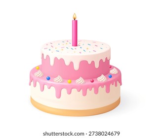 3D pink two tier birthday cake with white drip icing, colorful sprinkles, cream dollops, and a single lit candle on top, isolated on a light background.3d rendering. Vector illustration