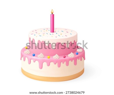 3D pink two tier birthday cake with white drip icing, colorful sprinkles, cream dollops, and a single lit candle on top, isolated on a light background.3d rendering. Vector illustration