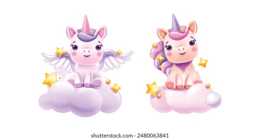 Unicornio rosa 3D, Vector bebé niño niña lindo pony print, dormitorio de los niños kawaii caballo pegatina, estrellas. Caricatura mágica del cielo, animal adorable del cuento de hadas, nubes voladoras. Clipart de niños unicornio 3D