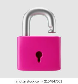 3d pink unlocked padlock icon isolated on gray background. Render minimal open padlock with a keyhole. Confidentiality and security concept. 3d cartoon simple vector illustration