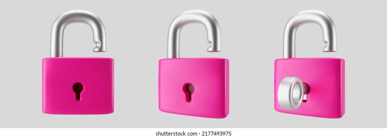 3d pink unlocked padlock icon set with key isolated on gray background. Render minimal open padlock with a keyhole. Confidentiality and security concept. 3d cartoon simple vector illustration