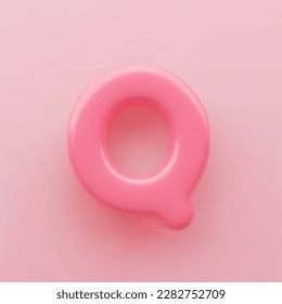 3D Pink uppercase letter Q with a glossy surface on a pink background.