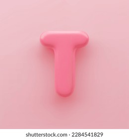 3D Pink uppercase letter T with a glossy surface on a pink background.
