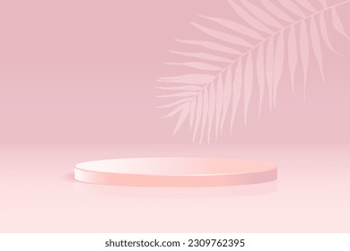 3d fondo vectorial de color rosa valentina sombra de podio y hojas de palma, valentina amor podio rosa pastel. Fondo rosa del escenario