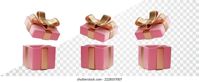 3d pink Valentine gift boxes open with golden bows isolated. Realistic vector modern holiday open surprise box. Vector icon for present, birthday or wedding banners